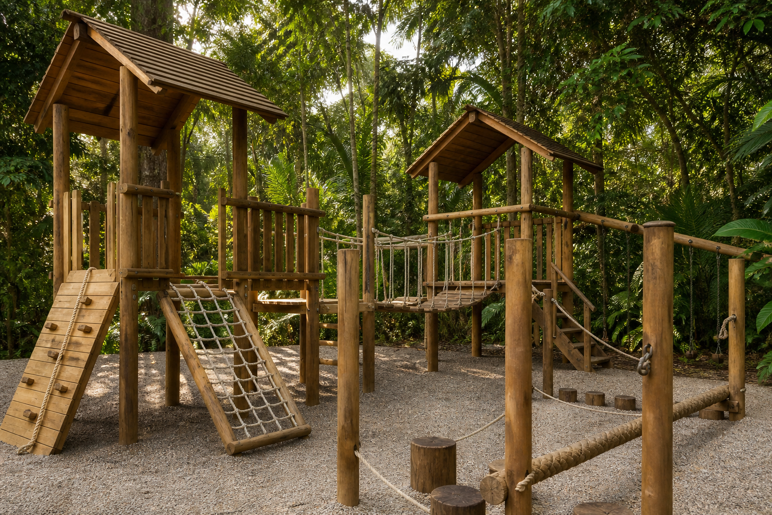 Playground de madera tratada en un entorno tropical