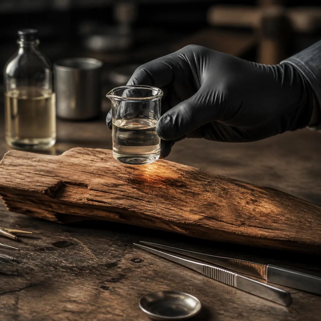 Muestra líquida y madera en un proceso técnico de laboratorio