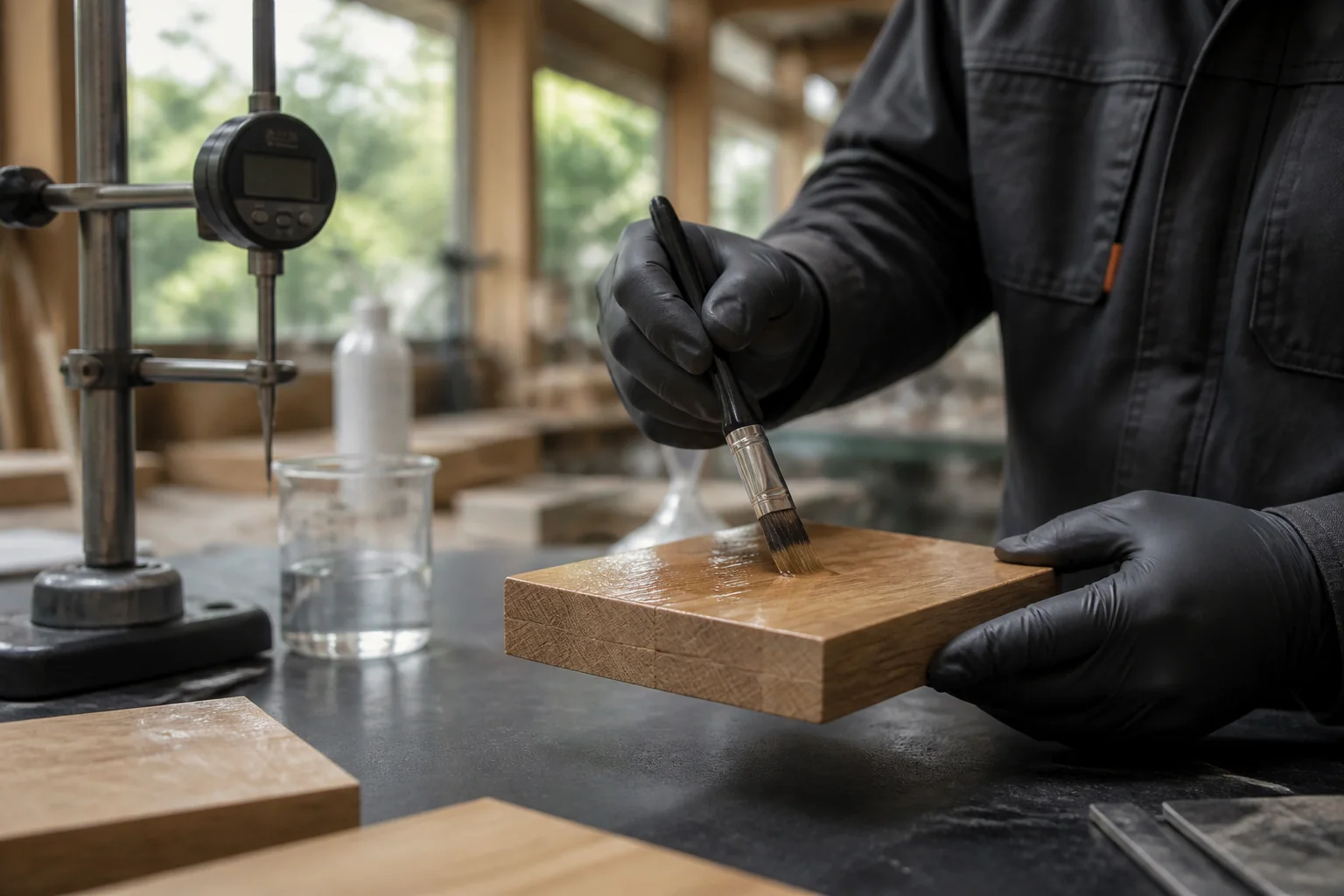 Técnico aplicando un acabado protector sobre una muestra de madera